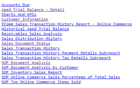 Sample list of SSRS reports in Sales Module Dynamics GP